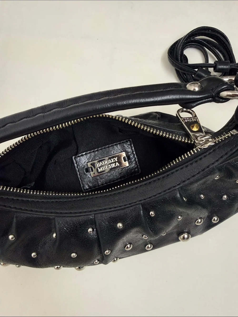 Badgley Mischka Black Studded Leather Hobo Shoulder Bag